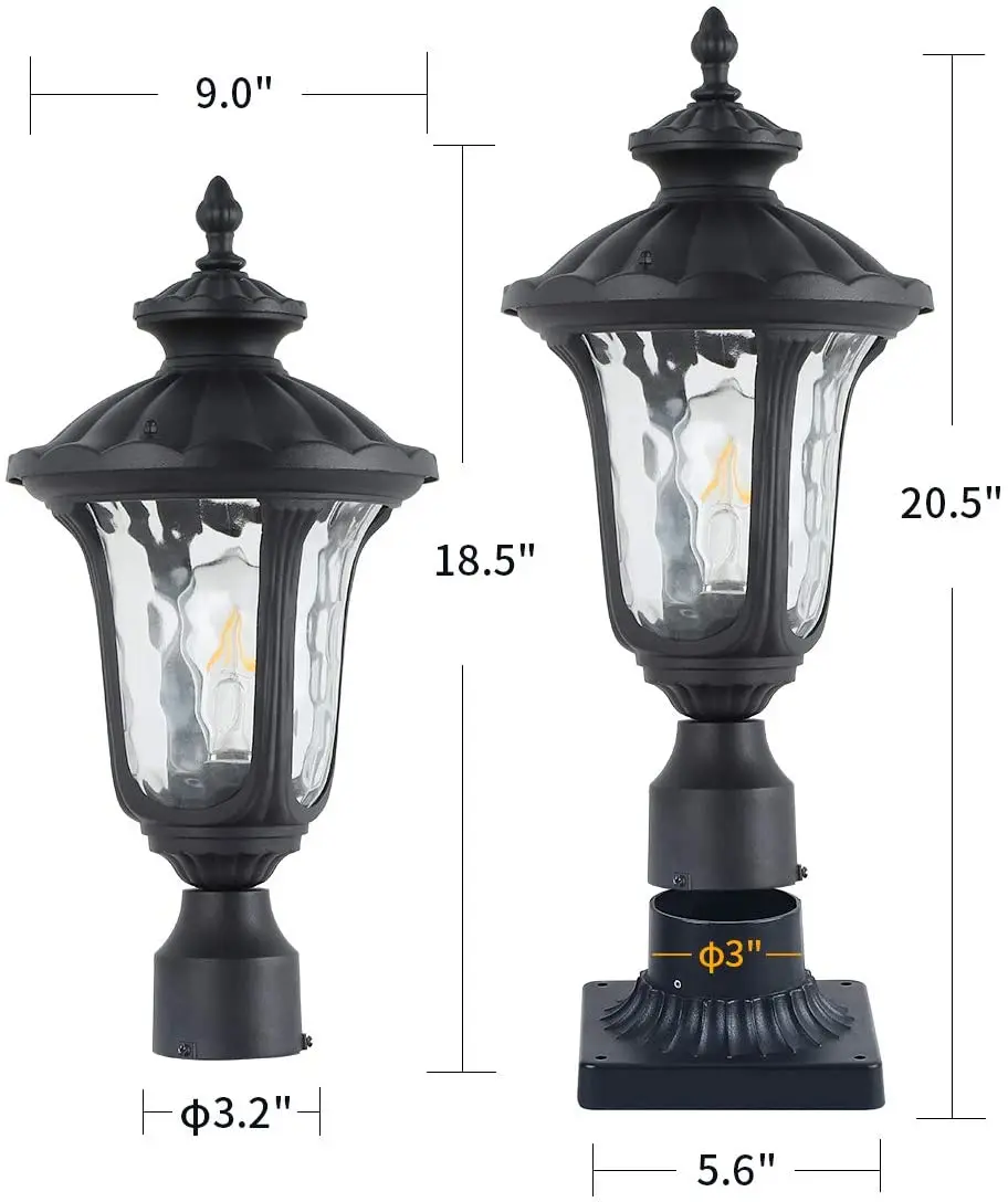 

Outdoor Pillar Lights Post Light Vintage Post Lamp Finish with Hammer Glass Shade Aluminum Housing Rustproof Garden Back Yard