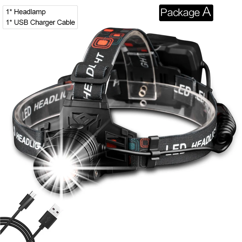 Pocketman Headlamp Powerful XHP50 Head Light USB Rechargeable Headlight Zoomable Head Lamp Head Front Light with 18650 Battery - Испускаемый цвет: Package A