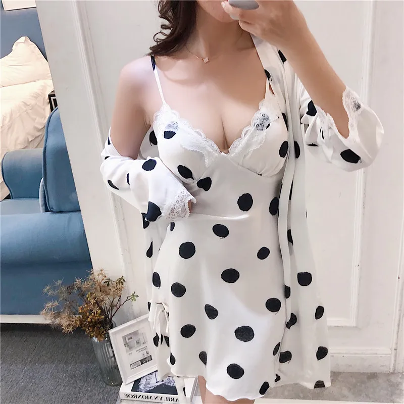 

Tulin Fashion Polka dot robe sets 2 piece women sleeping tops white night outfit pajamas for women Suspenders night dress