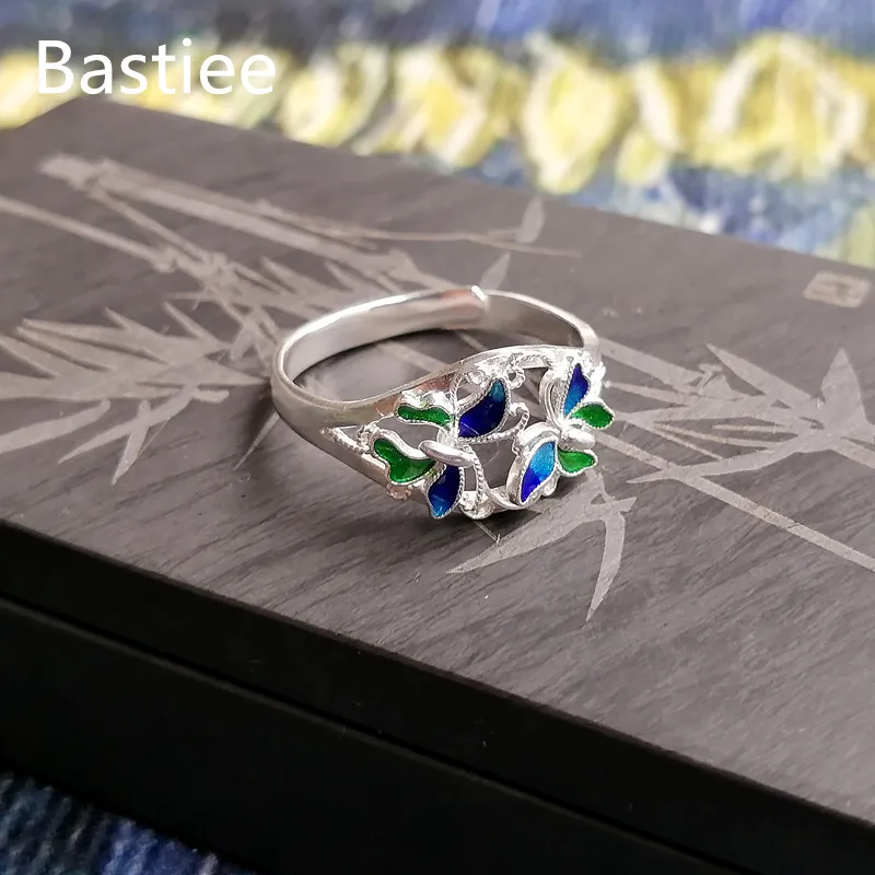 

Bastiee Adjustable Size 999 Sterling Silver Butterfly Ring For Women Cloisonne Enamel Rings Hmong Handmade Ethnic Luxury Jewelry