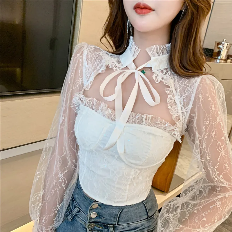 

new sexy lace club hollow out Low-cut crop top shirts long sleeve tops perspective ladies fashion brand women blouses Backless