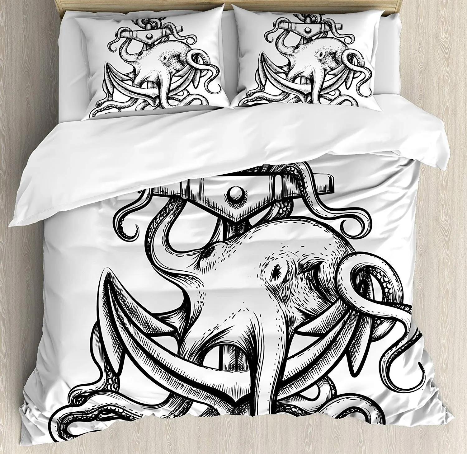 

Octopus Bedding Set Nautical Anchor and Octopus with Long Tentacles Sketch Style Sea Creature Duvet Cover Pillowcase Bed Set