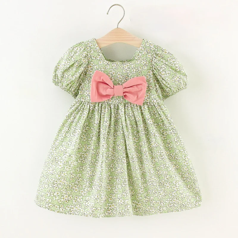 

Летнее платье для девочек Новая продукция: детское платье для девочек с бантом Цветочный принт с короткими рукавами, праздничное платье при...