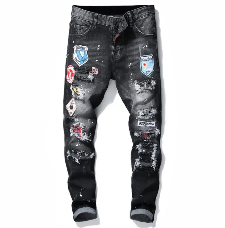 Pantalones men's slim stretch jeans pantalon autumn winter new tattered paint black embroidered badge high-end beggar trousers