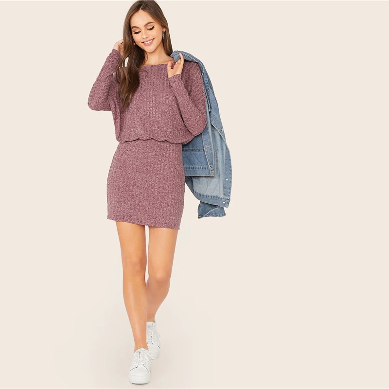 SHEIN Бордовое платье с рукавом летучая мышь, вязанное в рубчик, женское осеннее платье с вырезом лодочкой и длинным рукавом, Дамское приталенное элегантное мини-платье