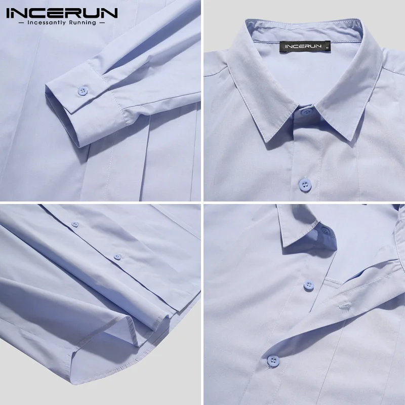 

INCERUN 2021 Fashion Solid Color Men Shirts Long Sleeve Turn Down Collar Blouse Leisure Button Dress Shirt Man Breathable Camisa