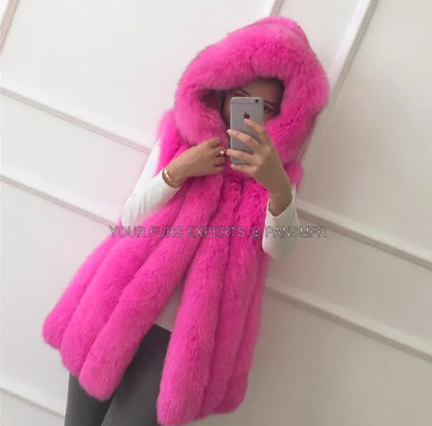 Роскошный 100% натуральный Лисий мех с капюшоном длинный жилет из натурального