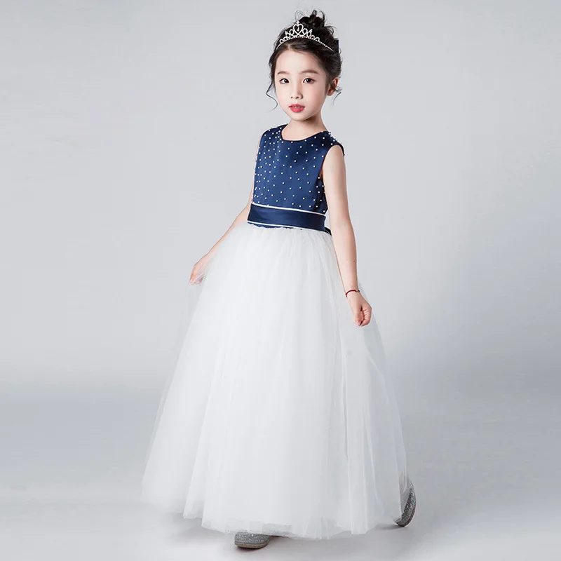 New Kids Girl Fashion Party Dress Navy Blue Beaded Sleeveless Ball Gown First Communion for Girls Prom 5-13Yrs | Детская одежда и