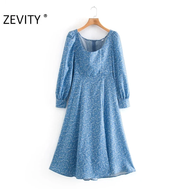 Осеннее женское винтажное платье миди Zevity с квадратным вырезом и цветочным