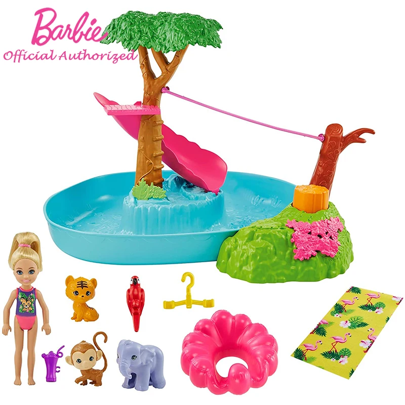 

Barbie And Chelsea Series DHA Jungle River Playset Little Kelly Swimming Mini Doll Forest Animal Accessories For Kids Toy GTM85