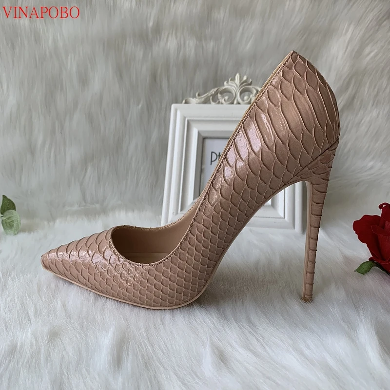 Nude color snake Print high heel pointed shallow stiletto high heel Pumps women's shoes 12cm wedding shoes party evening shoes
