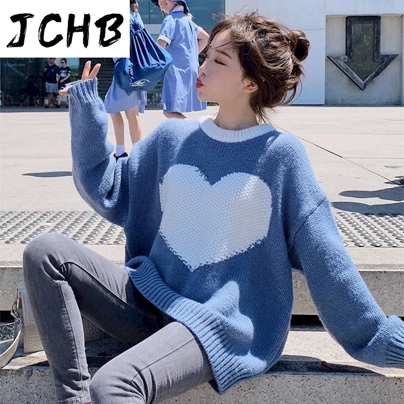 

2021 Sweater Autumn and Winter New Lazy Wind Sweet Love Female Students Korean Loose Round Neck Pullover All-match Sweater Tide