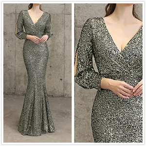 Женское длинное вечернее платье с блестками, черное золотистое платье с длинными рукавами и бусинами, вечернее платье с юбкой-годе, платье знаменитости с V-образным вырезом для выпускного вечера