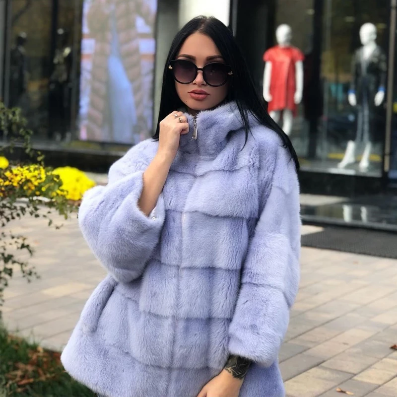Шуба норковая Женская с капюшоном светло-фиолетовая теплая повседневная средней