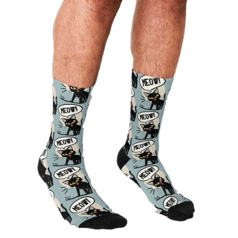 

2021 забавные мужские носки Харадзюку С Рисунком Кошки Мяу из мультфильмов в стиле хип-хоп, мужские счастливые носки, милые мужские сумасшедш...
