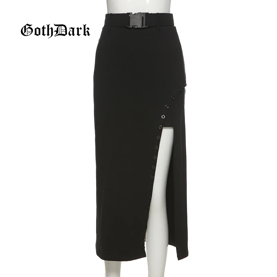 Goth Dark Gothic High Waist A-Line Black Midi Skirts Mall Goth Y2k Punk Style Women Sexy Slit Side Buckle Front Skirt Clubwear