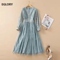 ball gown dress 2021 spring summer fashion style women v neck appliques lace embroidery long sleeve grey mesh dress for party