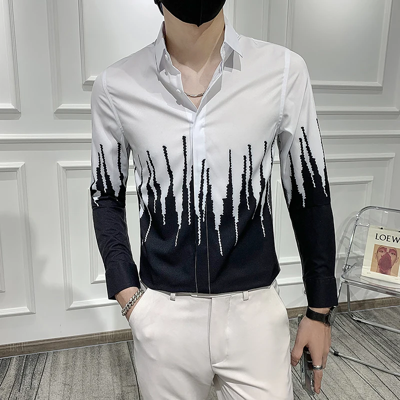 

Fashion Patchwork Color Shirt Men Casual Autumn Winter Long Sleeve Men Tuxedo Shirt Slim Fit Digital Print Blouse Men Clothing