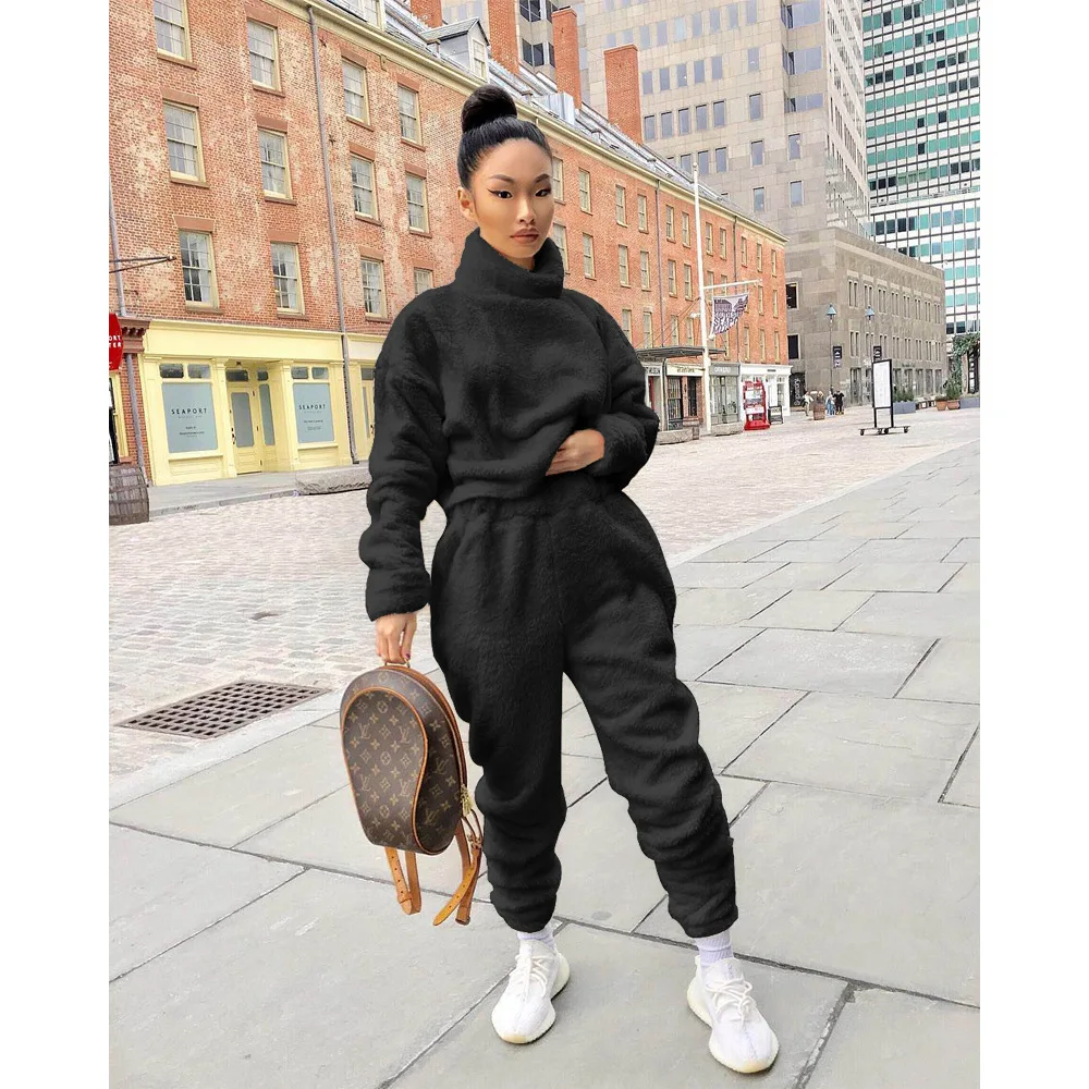 

Nightclub wear solid color fleece high neck casual trouser suit