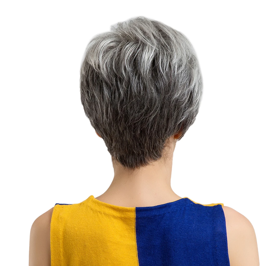 

Natural Gray 70% Human Hair Pixie Cut Wigs Cool Short Straight Women's Wig