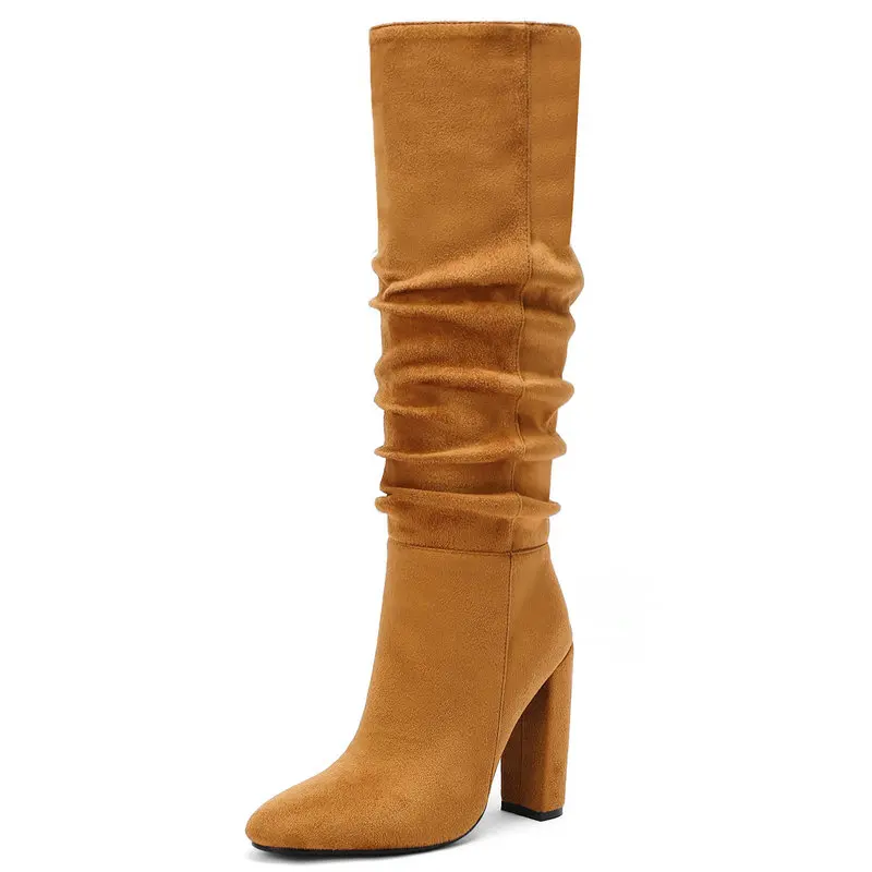 

Black brown red apricot Slouchy Boots Women Chunky Heel Knee High Boots Women rouned Toe Fold Boots Woman Heels Winter Shoes