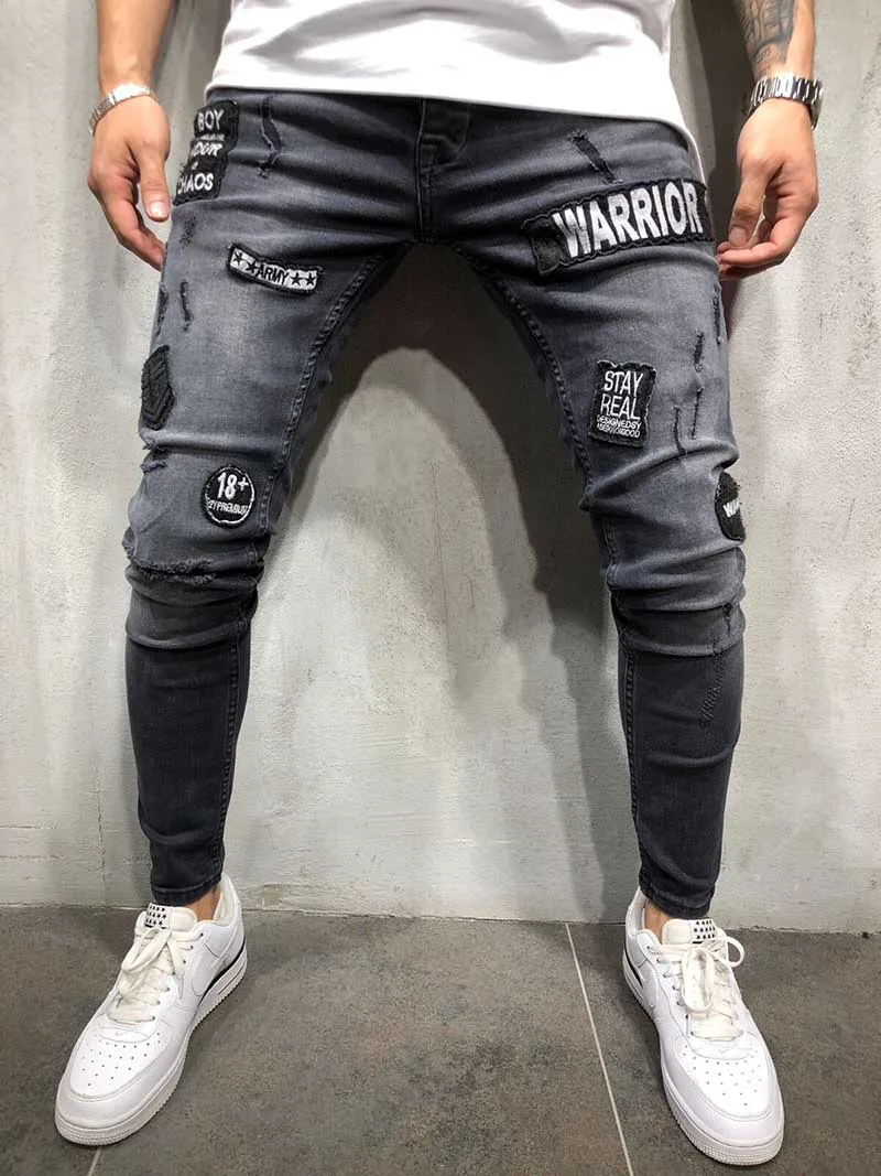 Men Gray Ripped Jeans Fashion Embroidery Applique Skinny Distressed Jeans Man Casual Letter Print Denim Pants