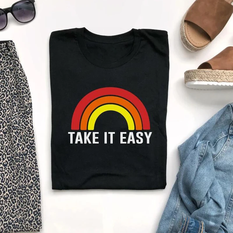 Футболки Rainbow Take It Easy Graphic женская модная футболка со слоганом в повседневном