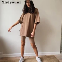 yiyiyouni casual loose short sleeve t shirt and shorts 2 piece suit women summer solid tracksuits female cotton shorts outfits