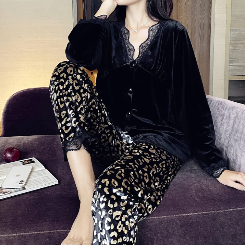 QWEEK Golden Velvet Pajamas for Women Leopard Pants Pijamas Winter Sleepwear Lace Nightwear Sexy Homewear Black Loungwear Suit