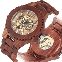handmade red sandalwood watch mens automatic mechanical wristwatch full wooden bracelet band casual skeleton watches gift