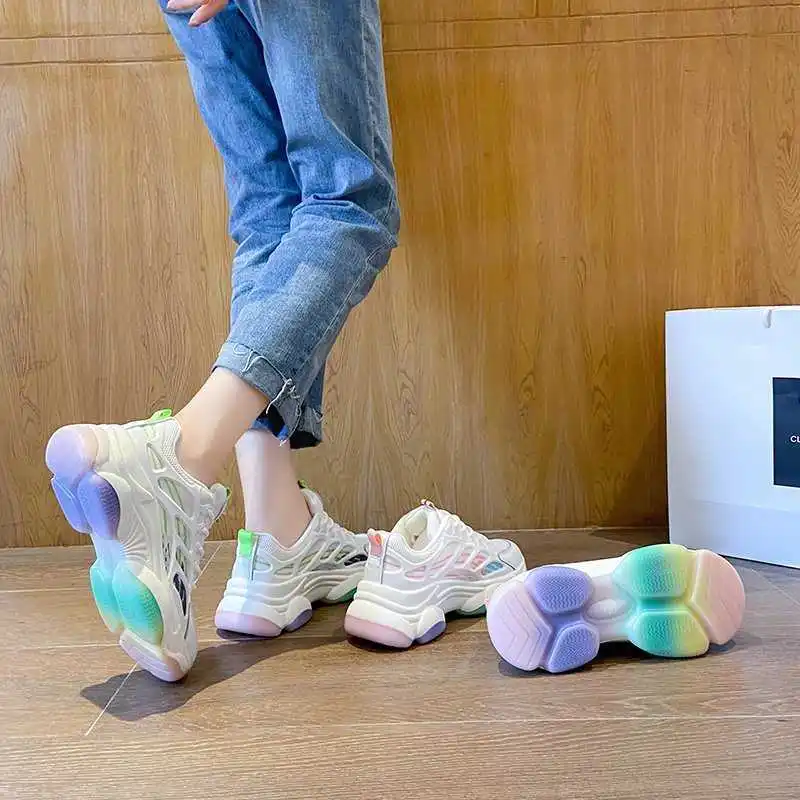 

Womens Shoes 2021 Ins New Mesh Breathable Sneakers Women Fashion Lace Up Thick Bottom Casual Daddy Shoes Woman Chunky Sneakers