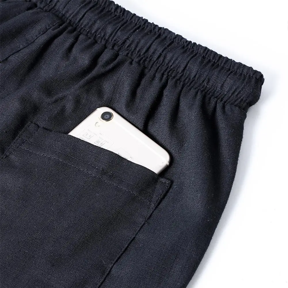 

MISSKY Men Summer Beach Shorts Cotton Linen Solid Color Elastic Waist Drawstring Plus Size Shorts M-5XL