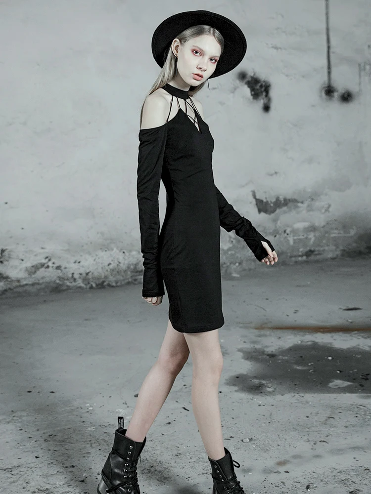 Черное мини платье на бретельках в стиле панк для девушек Клубная одежда