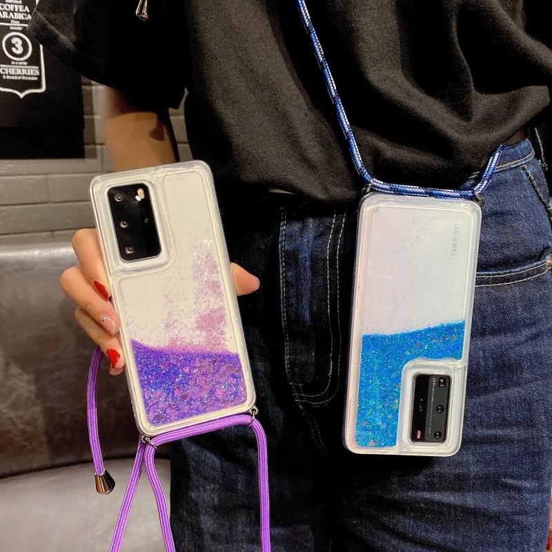 Quicksand Case For OPPO Realme 7 C11 C15 A5 A9 2020 Reno 5 Pro 4Z A92 A72 A52 A53 A92S Necklace Lanyard Crossbody Glitter Cover | Мобильные