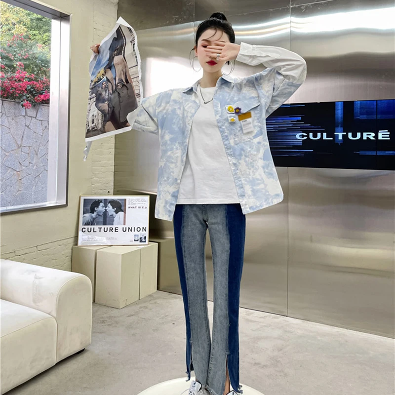 

XIZIHUPAN Hit Color Tie Dye Shirt For Women Lapel Long Sleeve Print Korean Loose Shirts Female New Clothing 2021 Spring Tide