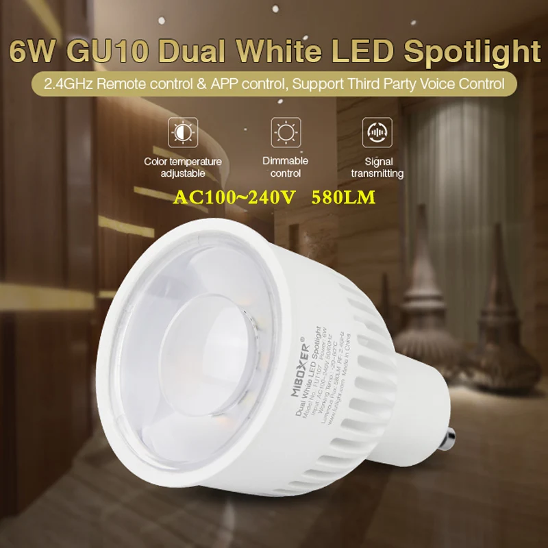6W GU10 Dual White LED Spotlight AC220V RF Control Smart Adjustable Brightness Bulb 580LM;2.4G Wifi Voice APP Need Match WL-Box1