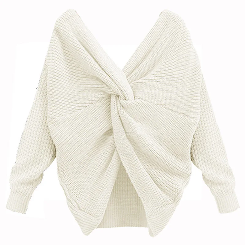 5 colors V-Neck Twisted Back Sweater Women Jumpers Autumn Pullovers Casual Sexy Tops Long Sleeve Knitted Sweaters Pull Femme | Женская