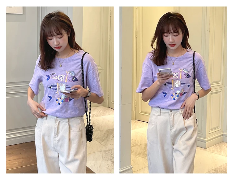 

Houthion Embroidery Women's T-shirt Loose Tshirt Short Sleeve Top Fashion Casual New Korean Solid T Shirt O-Neck Summer