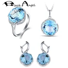 Комплект женских ювелирных украшений BLACK ANGEL, Свадебный комплект из колье и кольца с камнем голубого цвета с топазом, с фианитами, 2020