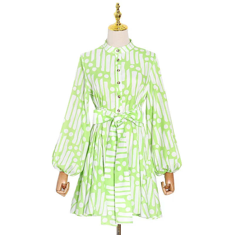 

Tide brand design early new fashion crew neck bubble sleeve single-breasted lace-up short dress