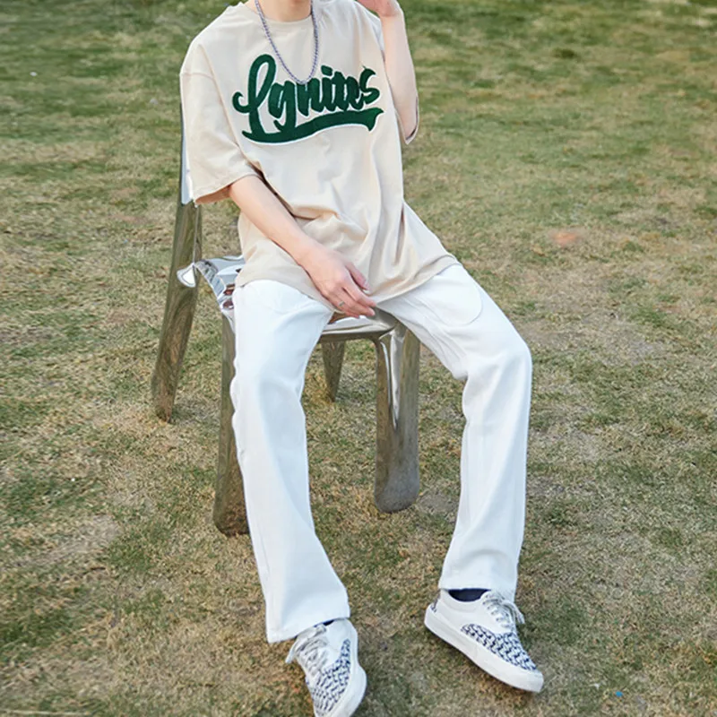 2022 England Style Stylish White Men Baggy Jeans Trousers Ankle Zipper Hip Hop Straight Solid Denim Pants For Teens Ropa Hombre