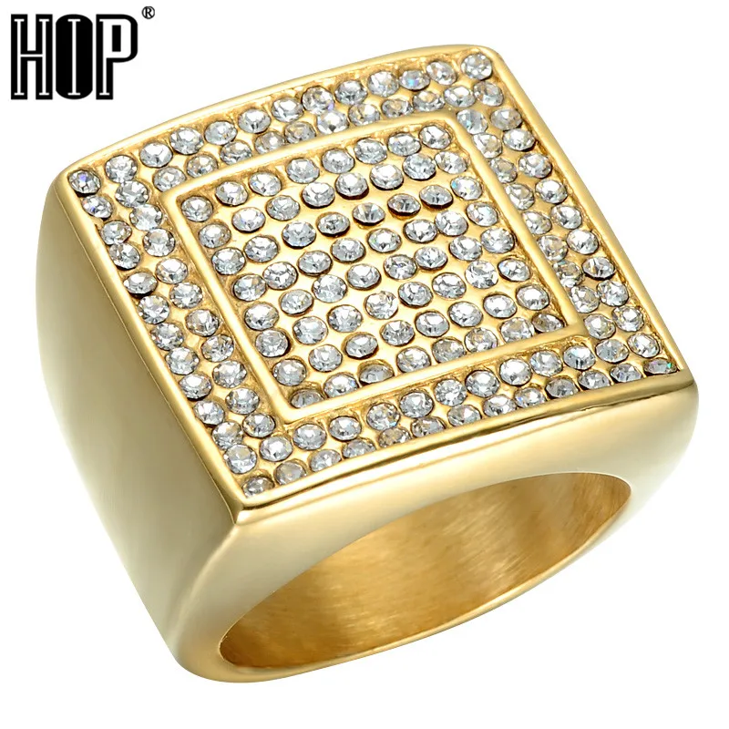 

HIP Hop Micro Pave Rhinestone Iced Out Bling Square Signets Ring IP Gold Filled Stainless Steel Rings for Men Jewelry