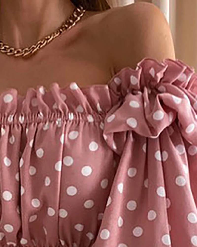 

Elegant long Puff Sleeve Corset Blouse Polka Dot Print Off Shoulder Shirred Top Lady Shirred T-Shirts