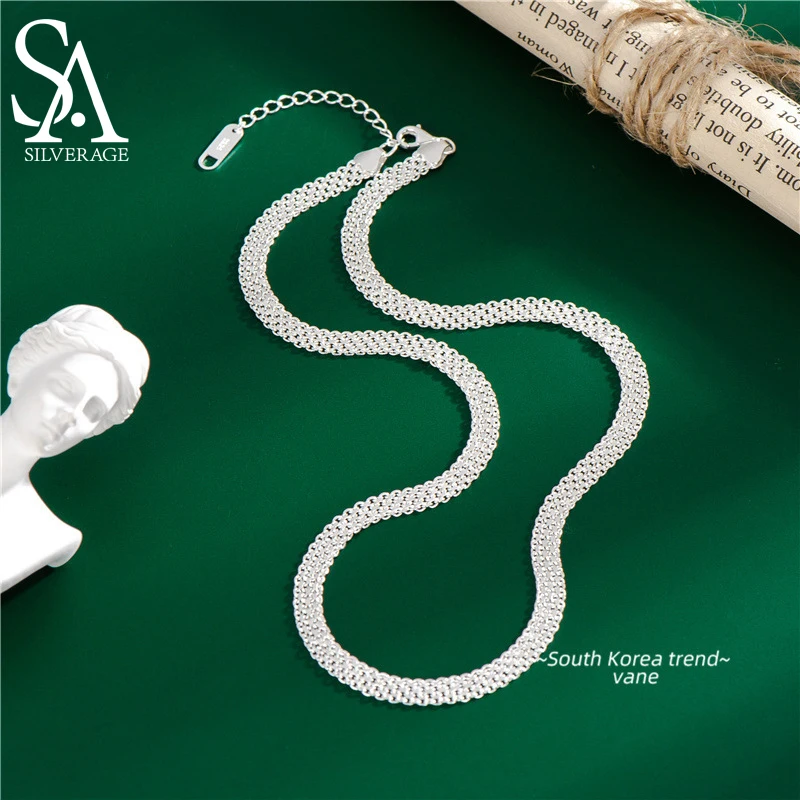 SA SILVERAGE Sparkling Collarbone Chain Wholesale 4MM 38CM+5CM S925 Sterling Silver Wide Woven Necklace White Silver