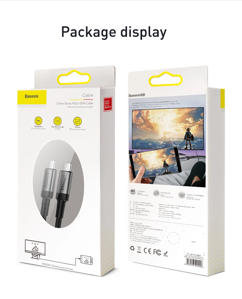Baseus Кабель USB 3,1 type-C-USB C для MacBook 100 Вт PD Quick Charge 4,0 3,0 для samsung Note 10 S10 USBC USB-C шнур зарядного устройства