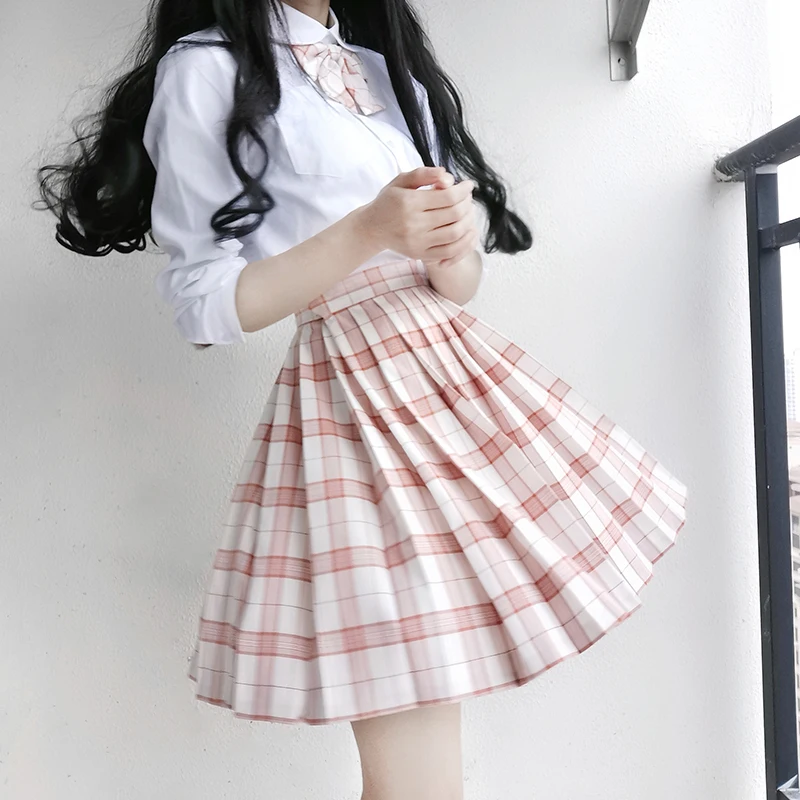 Женская летняя юбка с высокой талией розовая/белая плиссированная в клетку |