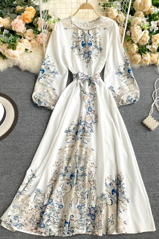 

LoveFlowerLife Autumn Winter Vintage Floral Print Elegant Dress with Belt Slim Pleated Puff Sleeve Mid-Calf Women Dresses