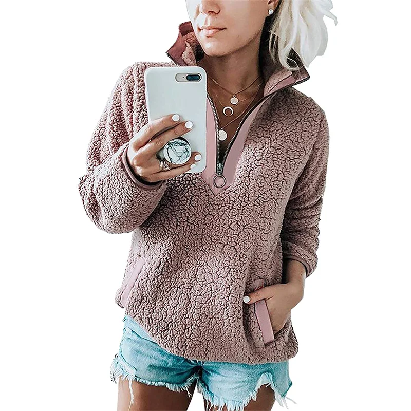Women Plush Zipper Sweatshirt Long Sleeve Loose Pullover Outwear with Pockets JS26 | Женская одежда