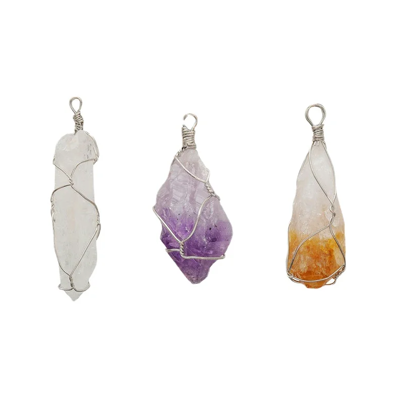 

2021 Natural Stone Crystal Necklace Irregular Crystal Pendant Amethyst White Crystal Winding Wire Charms for Jewelry Making