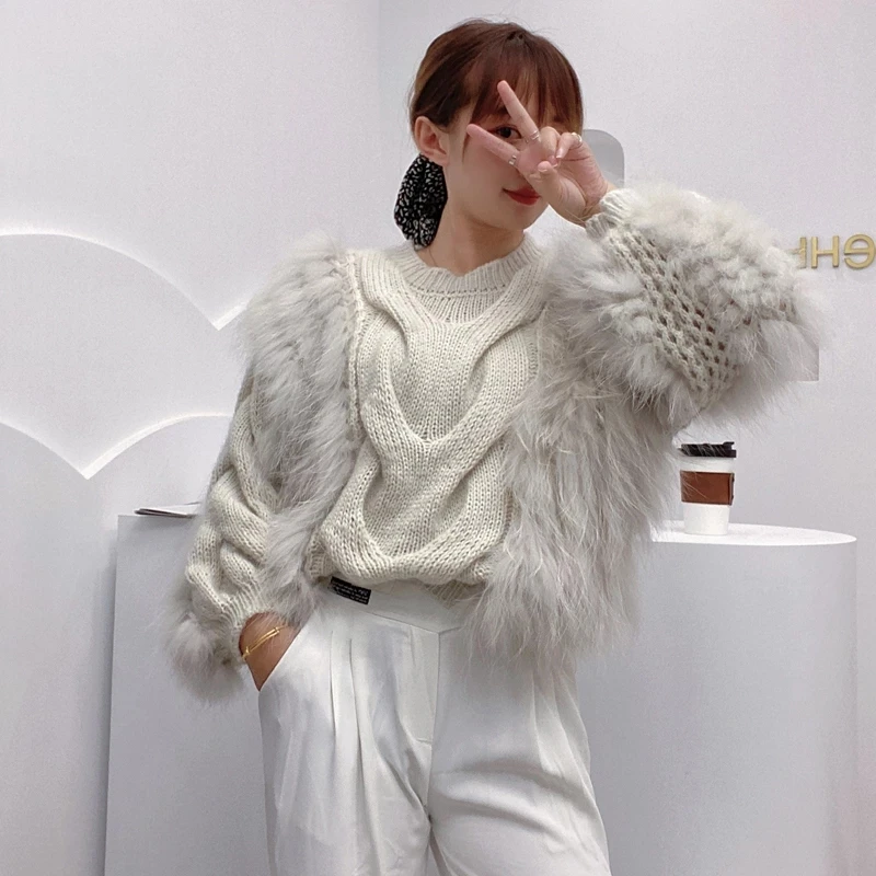 2021 New Ladies Autumn New O-neck Women's Sweater Long Sleeve Knitted Pullover With Natural Raccoon Fur